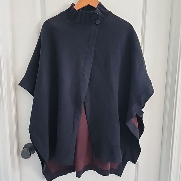 Theory Palomina Wool Mock Neck Poncho Sweater Cape Black Red Size M/L Thick - Picture 1 of 7